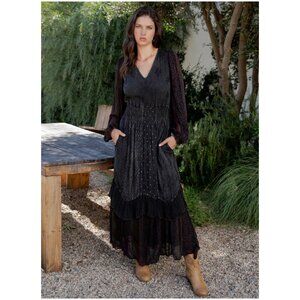 Young Threads Charcoal Embroidered Ruffled Bohemian Maxi Dress FGDR44684RGCHRO